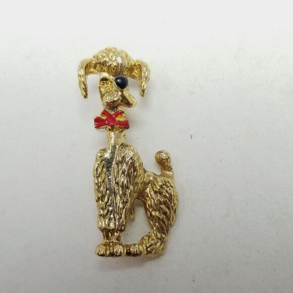 Vintage Poodle Dog In Red Enamel Bowtie Brooch, Gold Tone, Estate Pet Pin - Picture 2 of 6